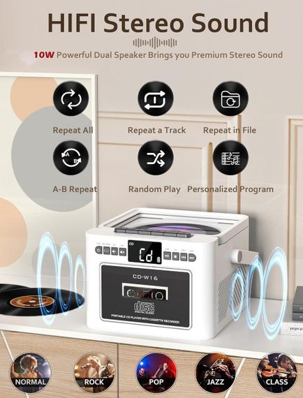 CD плеєр портативний перезаряджуваний Boombox із касетним плеєром, Bluetooth Boombox з акумулятором 5000 мА·год | Зображення 4