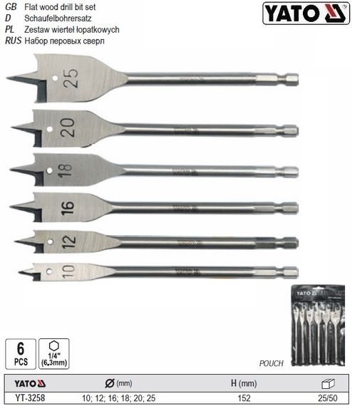 Набір свердел перове хвостовик 6 граней 1/4" Ø=10-25 l=152 6 штук YATO YT-3258