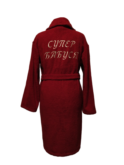 Халат жіночий махровий натуральний червоний з вишивкою супер бабуся 42 (00211)