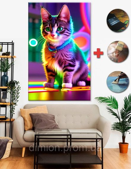 Картина на полотні "Neon Kitty" 50х70 см + Подарунок покриття лаком на полотні