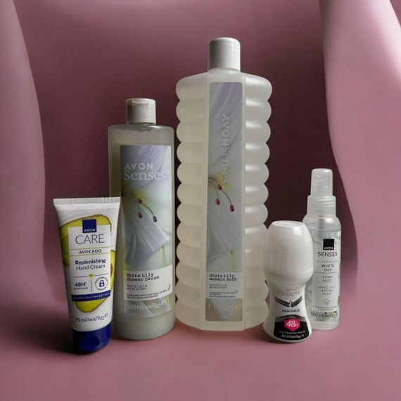 Подарунковий набір «Ніжна турбота» Avon Care & Senses | гель для душу, лосьйон, креми для рук і ніг, дезодорант-спрей