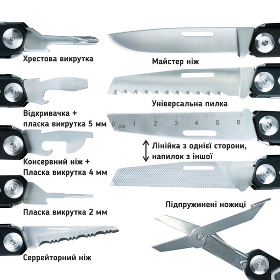 Мультиінструмент сталевий BlackPhantom 11 інструментів чорний, для використання різних інструментів в єдиному компактному