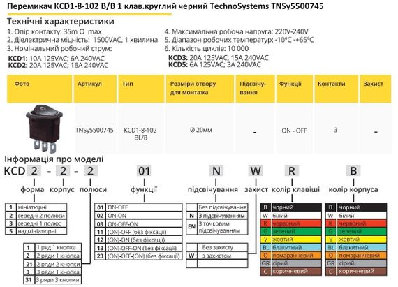 Переключатель KCD1-8-102 B/B 1 клавиша черный круглый Ny95500745 | Зображення 1