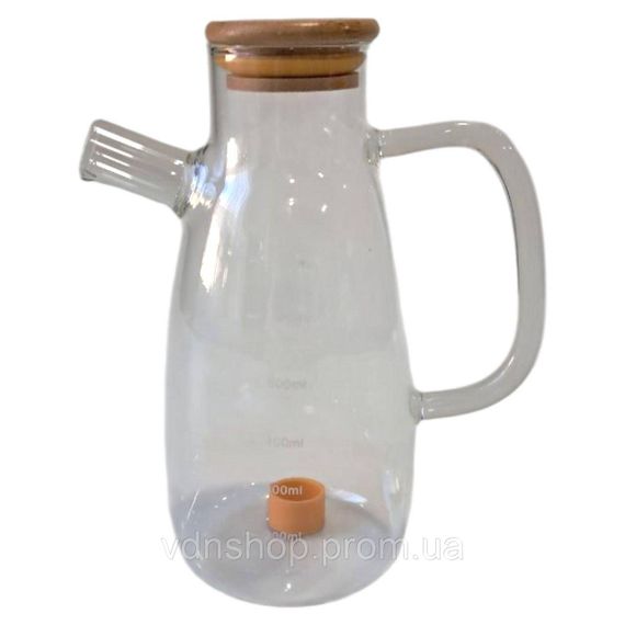 Скляна пляшка для олії та оцту з носиком і дозатором 650 мл, кришка з дерева, квадратна ручка HP-34-1-650 | Зображення 5