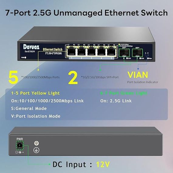 Davuaz 7-Port 2.5G Unmanaged Ethernet Switch Высокоскоростной сетевой коммутатор | Зображення 2
