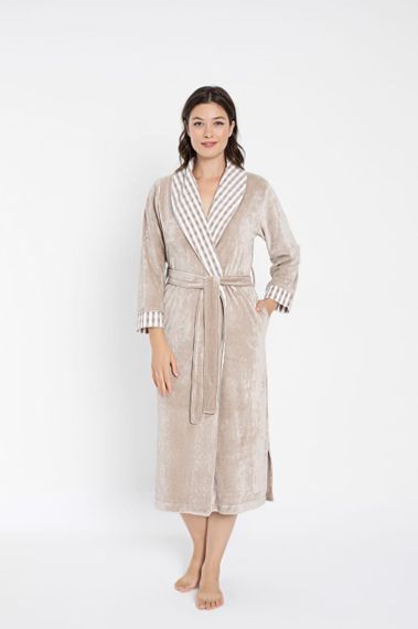 Жіночий велюровий халат Nusa 0499 довгий, бежевий M | Зображення 2