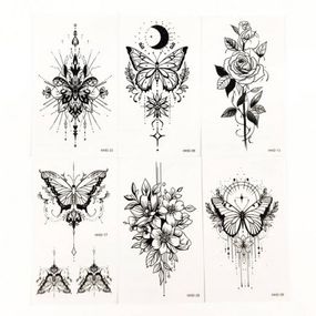Набор временных тату «Бабочки и цветы №3» black-tattoo-mini-set-f03 из 6 черных по 9,5 х 5,5 см