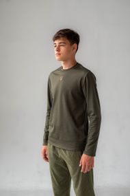 Утеплений лонгслів з вишитим золотим тризубом/гербом з довгим рукавом (олива)