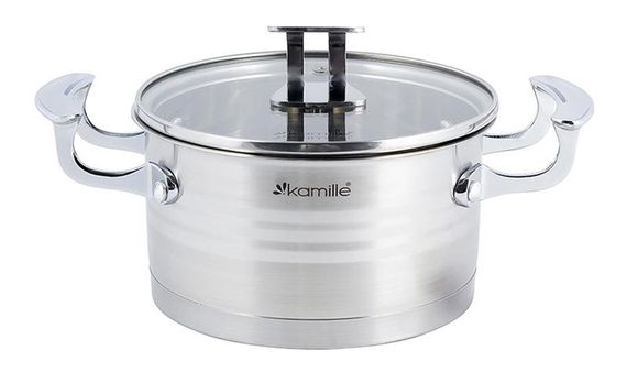 Каструля індукційна Kamille Casserote 2.4л з нержавіючої сталі зі скляною кришкою