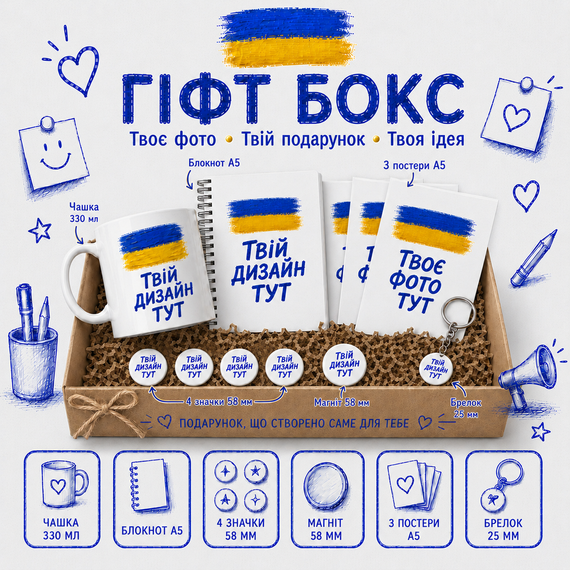 Подарунковий бокс з вашим дизайном - чашка, блокнот, значки, магніт, постери та брелок | Зображення 1