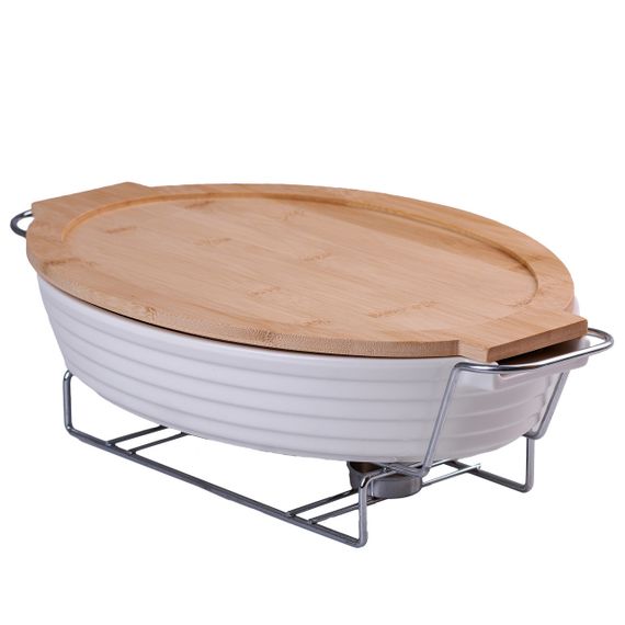 Мармит керамический с бамбуковой крышкой 1.8 л  на металлической подставкой с подогревом | Зображення 1