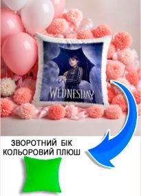 Подушка плюшева Мерч Крафт Дизайн з принтом Уенсдей Wednesday салатовий плюш квадратна 33х33 см