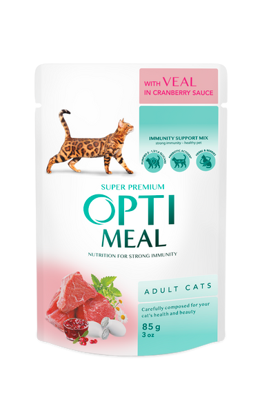 optimeal Повнораціонний консервований корм для дорослих котів з  телятиною у журавлиновому соусі 85 г