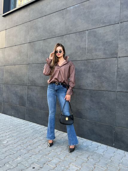 Женская стильная блуза рубашка оверсайз LI8807 цвет мокко, размер 42/46 | Зображення 1