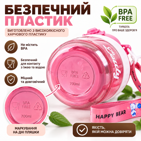 Зручна дитяча пляшка Lovely 700 мл із трубочкою та захистом від протікань Рожева | Зображення 2