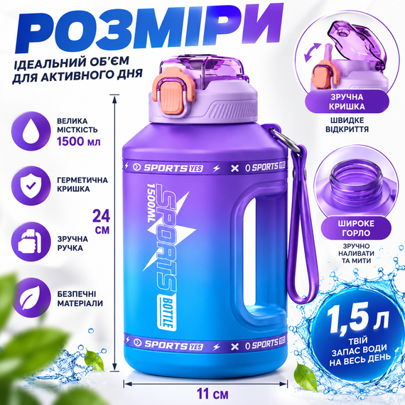 Эко-бутылка для воды SPORTS BOTTLE 1500 мл - большая многоразовая спортивная бутылка с ручкой, фиолетово-голубой градиент | Зображення 2