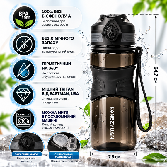 Бутылка для воды KANGZYUAN 650 мл черная спортивная из тритана Tritan BPA Free, ударопрочная, с кнопкой и ремешком | Зображення 2