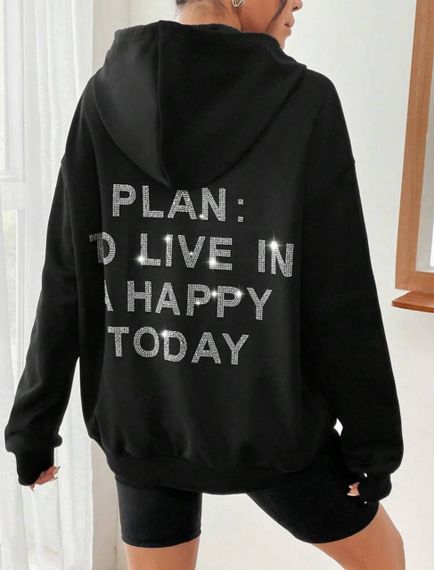 Женское теплое худи оверсайз со стразами на спине, RO121, цвет черный, размер 42/46 | Зображення 2