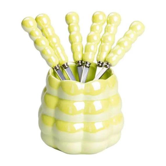 Набор десертных вилок и ложек на 3 персоны с подставкой из фарфора 7 предметов Зеленый HP-20-58 | Зображення 2