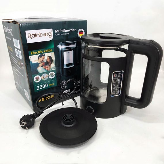 Електрочайник Rainberg RB-2220 скляний дисковий прозорий. Чайник із підсвічуванням 2200W. Колір: чорний | Зображення 3