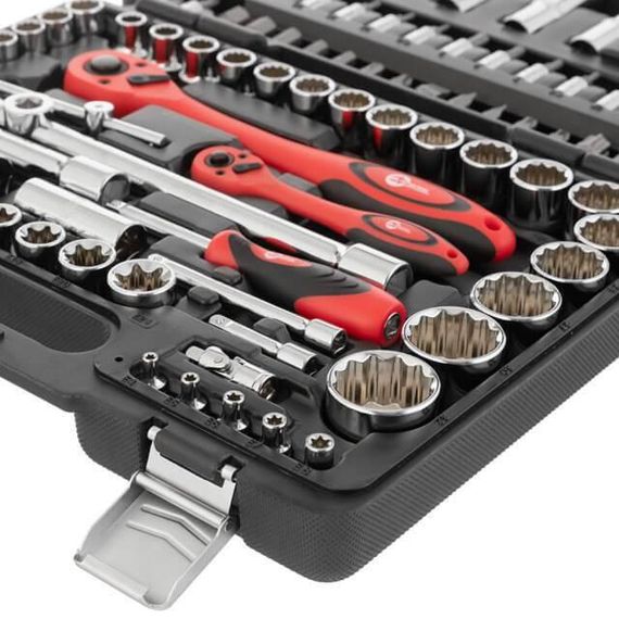 Набір інструментів, проф., 1/2" + 1/4", Cr-V, 108 од., головки: 12-гр. 4-32 мм, E4-E24, біти 35 од., подовж. | Зображення 8