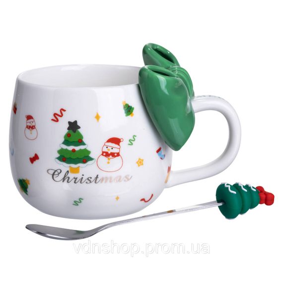 Новогодняя фарфоровая чашка с ложкой Merry Christmas 400 (мл) Зеленый Yiwu FM-CS-19B | Зображення 2