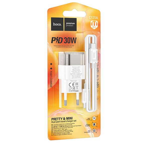 МЗП Hoco C131A Platium PD30W+QC3.0 (1USB-C) + кабель Type-C to Type-C Transparent black | Зображення 3