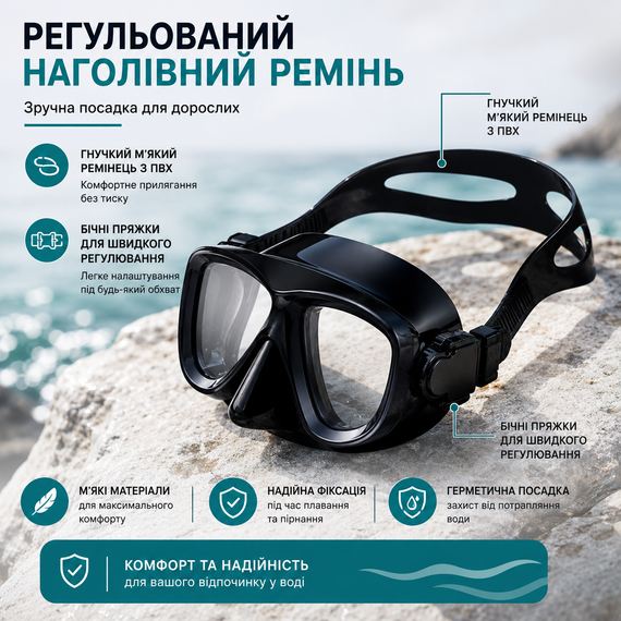 Набір для снорклінгу та плавання дорослий: маска із загартованим склом + суха трубка (Комплект для дайвінгу), Чорний | Зображення 5