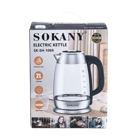 Електрочайник Sokany SK-SH-1069 Electric Kettle 2000W 2l прозорий чайник | Зображення 3