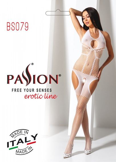 Бодістокінг з імітацією панчіх Passion BS079, Білий, Весільна білизна, S, M, L, S/M/L | Зображення 2