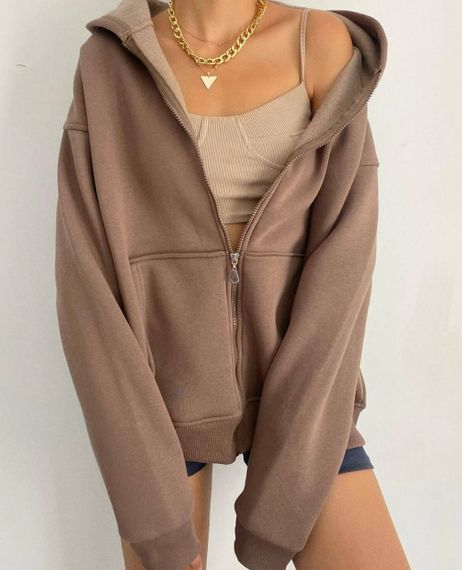 Жіноче зип-худі оверсайз на блискавці тепле на флісі з капюшоном розмір 42/46 колір моко GF052