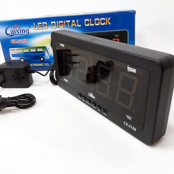 Годинник електронний Caixing CX 2159 12В 220В Настільні Настінні Будильник Чорний корпус Зелені цифри | Зображення 4