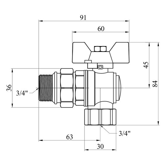 Кран-американка кульовий кутовий Kroner 3/4" ВЗ PN40 метелик, нікельований (CV033224) | Зображення 1