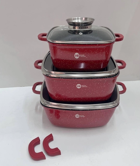 Набор квадратных кастрюль с гранитным покрытием на 8 предметов Higher Kitchen НК-302  (Красный, Черный) | Зображення 4