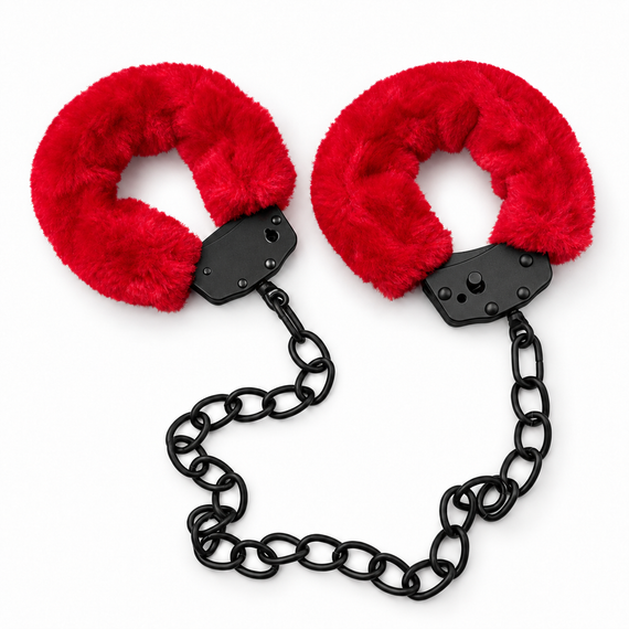 Наручники-ножні WOW Fetish металеві з червоним хутром та ланцюжком довжиною 45 см Sex Aura