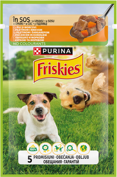 Вологий корм пауч Purina Friskies pouch для дорослих собак, шматочки в підливі з куркою і морквою, 85г | Зображення 1