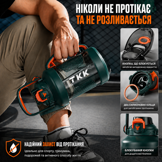 Бутылка для воды TKK 2л (2000 мл) - Спортивная фляга из экологичного Tritan, зеленая, с ремешком и шкалой | Зображення 5