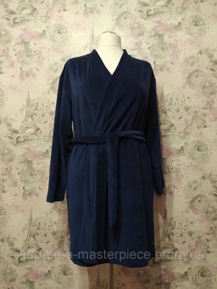 Халат жіночий велюровий оксамитовий банний домашній темно - синій короткий 46