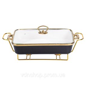 Мармит фарфоровый со стеклянной крышкой 40х22.5х15.5 см на металлической подставке 2 л Черный HTJ-1003