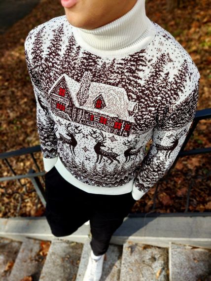 Мужской новогодний свитер Олени домик PA0001 цвет белый, размер M | Зображення 2