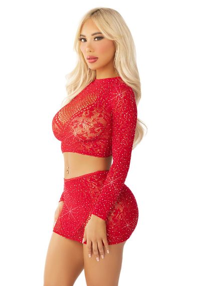Комплект Leg Avenue Rhinestone Crop Top and Mini Skirt One Size, Red | Зображення 2