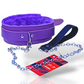 Мягкий фиолетовый ошейник "Love leash" с цепочкой-поводком и удобным черным держателем  Экокожа-металл sexstyl