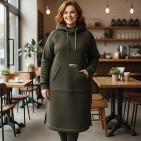 Худи-платье женское хаки теплое зимнее спортивное с капюшоном футер трехнитка с начесом 50