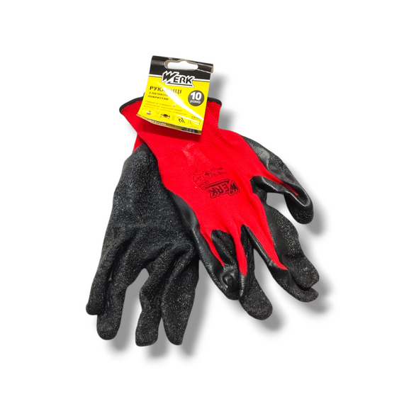 Рукавички трикотажнi полiестер, червоний колiр, латексне покриття (чорне), оверлок на манжетi чорного кольору , WERK