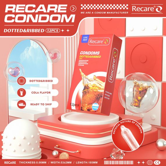 Презервативи Recare Cola Dotted&Ribbed Condoms 12 шт, з пухирцями та ребрами, аромат: Кола | Зображення 4