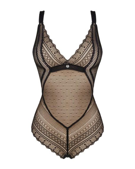 Мереживне боді з декольте Obsessive Estiqua teddy, чорне, широкі лямки, M/L | Зображення 4
