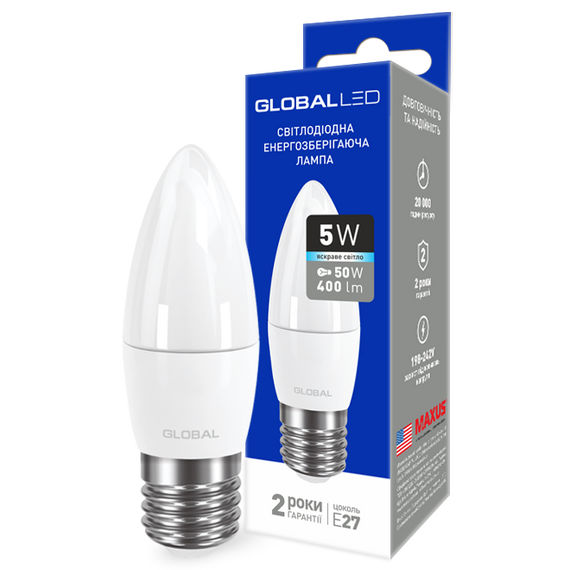 LED лампа GLOBAL C37 CL-F 5W яркий свет 220V E27 AP (1-GBL-132) (NEW)