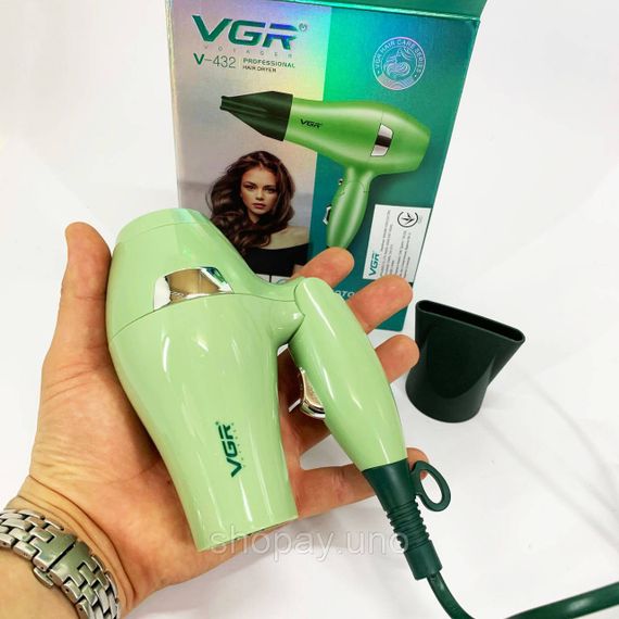 Фен для волосся дорожній VGR V-432 GREEN, з концентратором 1000 Вт, іонізація та 2 режими. Колір: зелений | Зображення 1