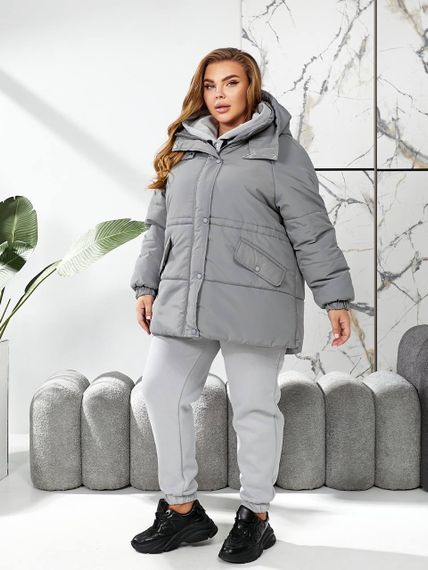 Женская теплая зимняя куртка на кулиске с капюшоном NB24035 цвет серый размер 54/56 | Зображення 5