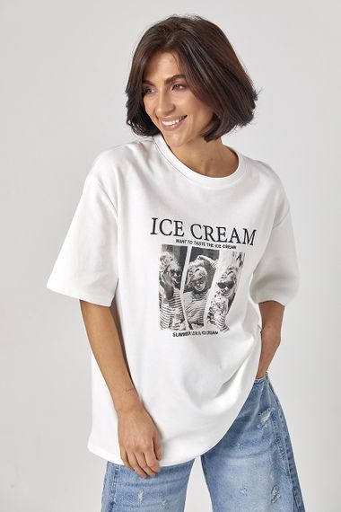 Бавовняна футболка вільного крою з написом Ice Cream - молочний цвет, ONE SIZE (є розміри)